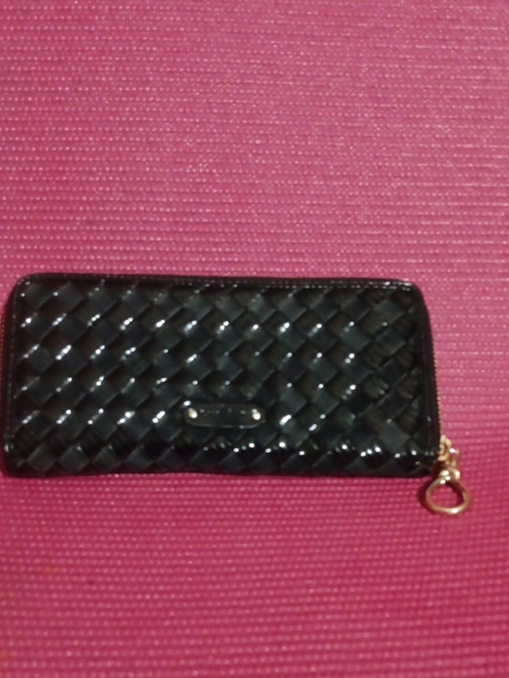 Black Patent Woven Zip Wallet